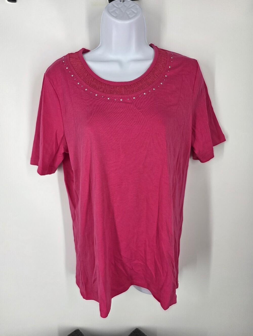 Allison Daley Fuchsia Pink Studded Ruched Neckline Top Size M Shirt Magenta